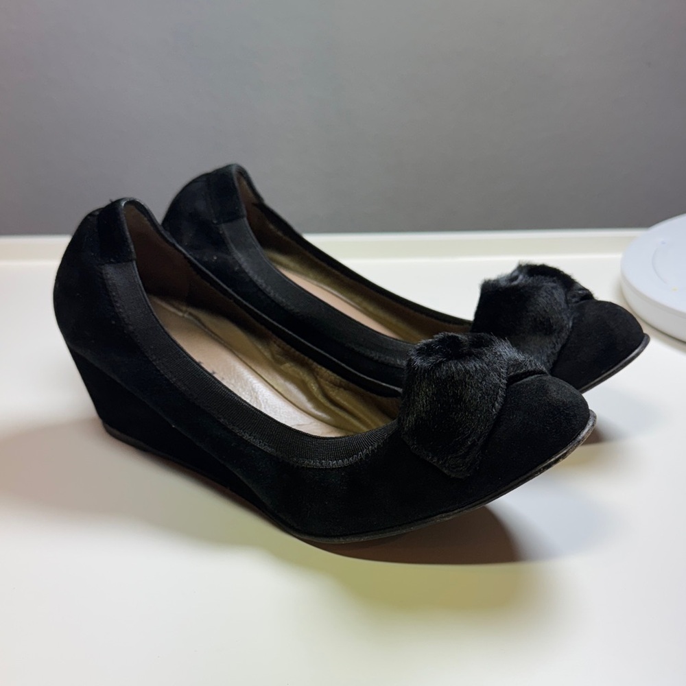Anyi Lu Black Suede Wedge with Mink Accent Shoes (orig. $500)